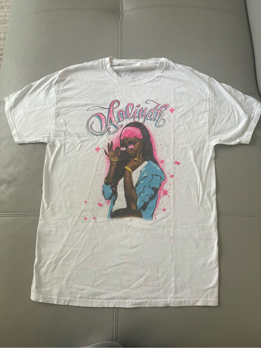 White Aaliyah Graphic Tee with Pink & Blue Accents
